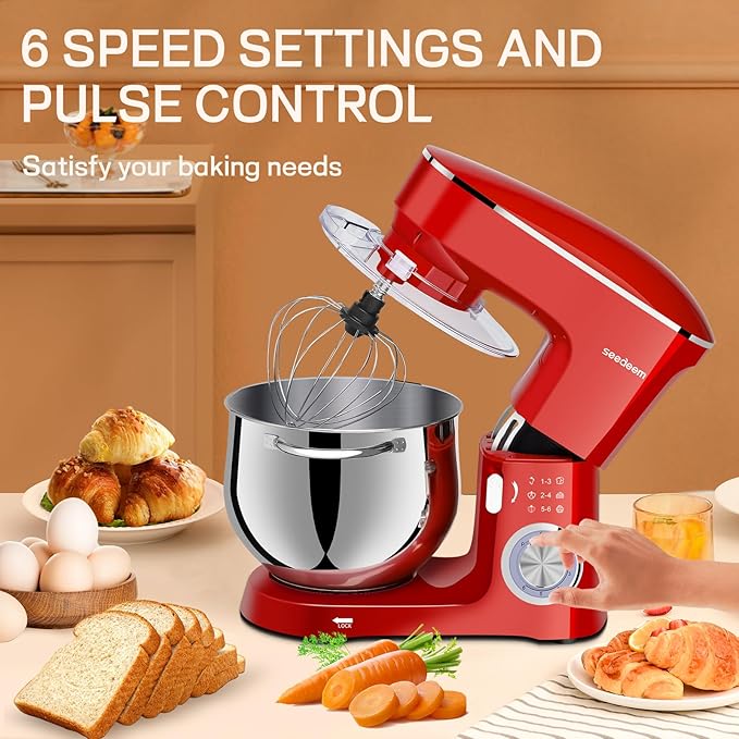 SEEDEEM Stand Mixer, 8.5 Qt 660W Tilt-Head Kitchen Mixer with 6+P Speeds, Dough Hook, Wire Whip & Beater, Dishwasher-Safe Attachments, Red – Ideal for Baking & Daily Use, Red