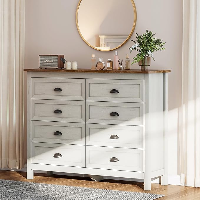 8 Drawer Dresser, Farmhouse Tall Dresser for Bedroom, Antique White Chest of Drawers, Modern Double Dressers for Bedroom, Closet