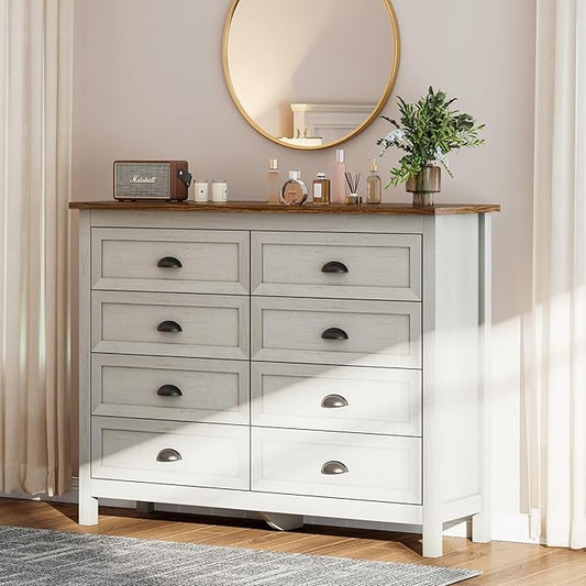8 Drawer Dresser, Farmhouse Tall Dresser for Bedroom, Antique White Chest of Drawers, Modern Double Dressers for Bedroom, Closet
