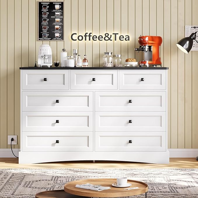 Hasuit Dresser for Bedroom with 9 Drawers, 51.2" Large Dresser with Charging Station, Wide Farmhouse Dresser Chest of Drawers, Wooden Storage Tower Organizer, Dresser for Bedroom Closet, White/Black
