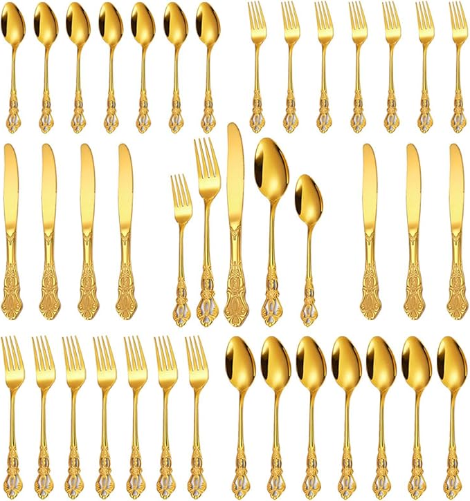 40-Piece Stainless Steel Flatware Set, Gold Silverware Set Service for 8, Cutlery Utensils Set,Include Fork Knife Spoon Set, Dishwasher Safe