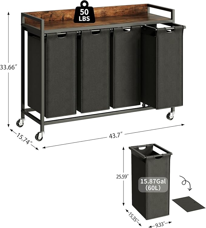 Laundry Hamper with Shelf, Laundry Basket 4 Section, Laundry Sorter with Pull-Out Removable Large Bags and Movable Wheels, Metal Frame, 4 x 15.87 Gallons (60L), Rustic Brown + Blck PF07XLY