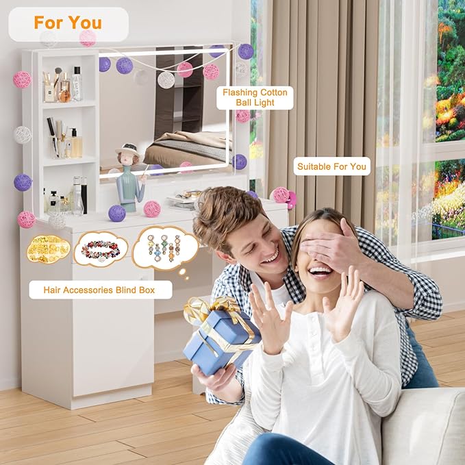 Makeup Vanity Desk with Mirror and Led Lights,Makeup Desk with Lights 3 Colors,Makeup Vanity with 5 Drawers&3 Shelves, Vanity Table with Stool and Power Outlet, Vanity Set for Bedroom,White