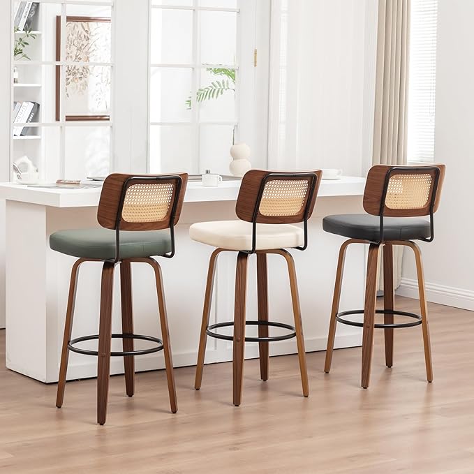 Swivel Counter Height Stools - 26 inch Counter Stools Set of 4 with Curved Rattan Back, Walnut Craftsmanship, Upholstered Seat, Counter Height Bar Stool for Island/Pub/Kitchen (26" Seat Height, Black)