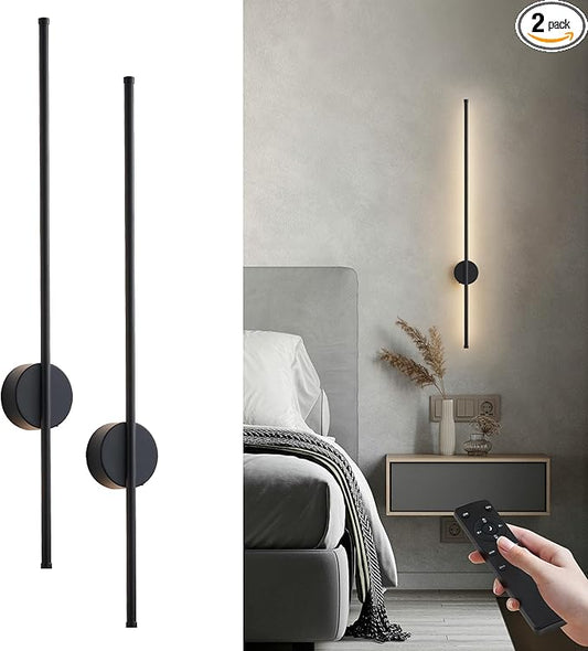 Battery Operated Modern Wall Sconces, Dimmable Wireless Wall Light Set of Two with Remote Control, 3 Color Temperatures, Rechargeable LED Wall Sconce for Bedroom, Living Room, Hallway, 39.3 Inch Black