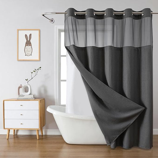 Charcoal Grey Extra Long No Hook Waffle Weave Shower Curtain with snap-in Liner Replacement, 230GSM Waterproof Fabric Hotel Shower Curtain Set for Bathroom, Through Mesh Top Window,71Wx86H