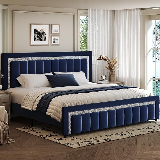 HOMBCK King Size Bed Frame with Headboard and Footboard, Upholstered Bed Frame King with Velvet Diamond Design, No Box Spring Needed, Easy Assembly, Blue