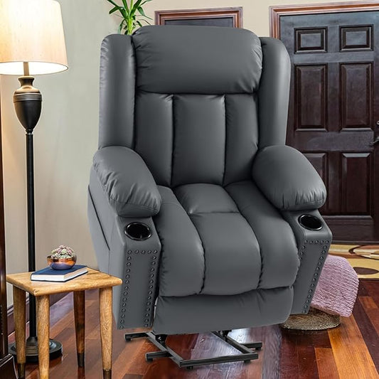 Large Power Lift Chair Recliner for Elderly with Heated and Massage, Overstuffed Adjustable Lift Chair, 3 Position, Breathable Leather, USB-A&USB-C, Cup Holder (Small-7523, Grey)