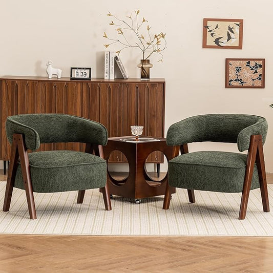 Kidol & Shellder Mid Century Accent Chair Set of 2 Comfy Fabric Modern Living Room Bedroom Chairs Upholstered Lounge Reading Armchair with Thicken Seat Cushion Wood Frame （Green）