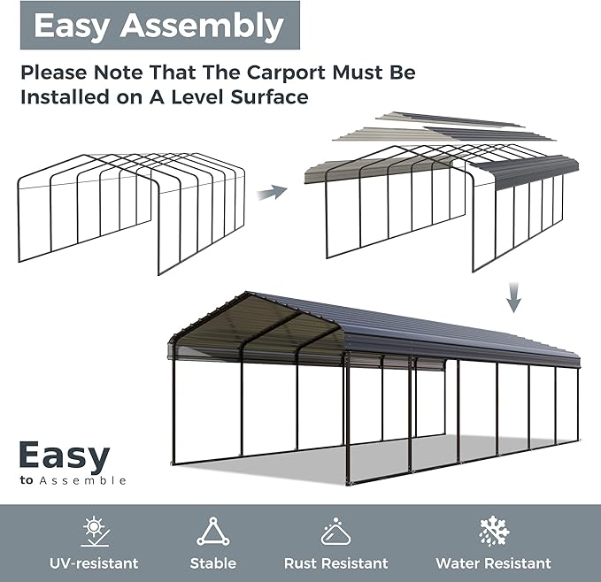 GREEN PARTY 12 x 30 ft Metal Carport Kits with Galvanized Steel Roof, Heavy Duty 2 Car Metal Carport Canopy, Outdoor Car Tent Metal Garage Shelter for Car, SUV, Truck and Boats, Grey
