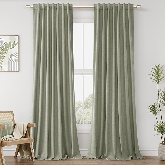 Guken 100% Blackout Linen Curtains 98 Inch Wide by 52 Inch 2 Panels Set for Living Room Bedroom Back Tab Thermal Insulated Black Out Linen Drapes Room Darkening Window Curtains, Sage Green