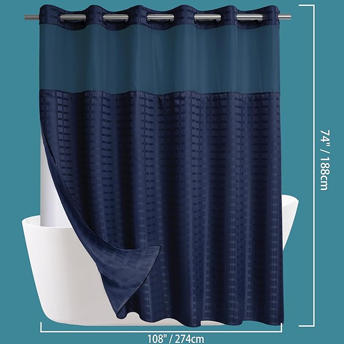 Conbo Mio Extra Wide No Hook Shower Curtain with Snap in Liner Set, 108" x 74" Hotel Luxury Navy Blue Shower Curtains for Bathroom with See Through Top Window, Waterproof, Washable 108W x 74H