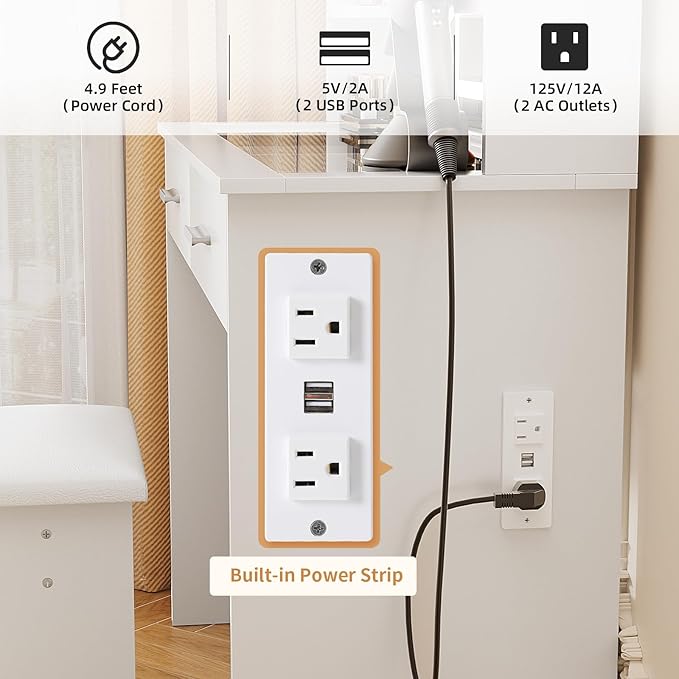 SMOOL Vanity with Lighted Mirror, Makeup Vanity Desk with Glass Top & Power Outlet, 3 Color Light Options, Vanity Table with 6 Storage Shelves, 2 Large Drawers and Cushioned Stool for Bedroom, White