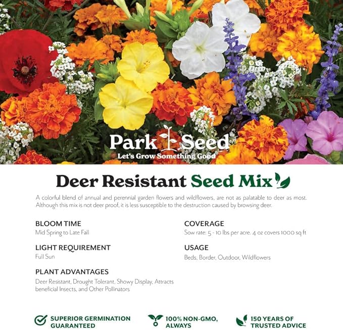 Park Seed Grow Your Own Vibrant Annual and Perennial Wildflower Garden Seed Mixture, Easy to Grow Varieties for Pollinators and Spring Gardens - Deer Resistant Mix, 10 lbs