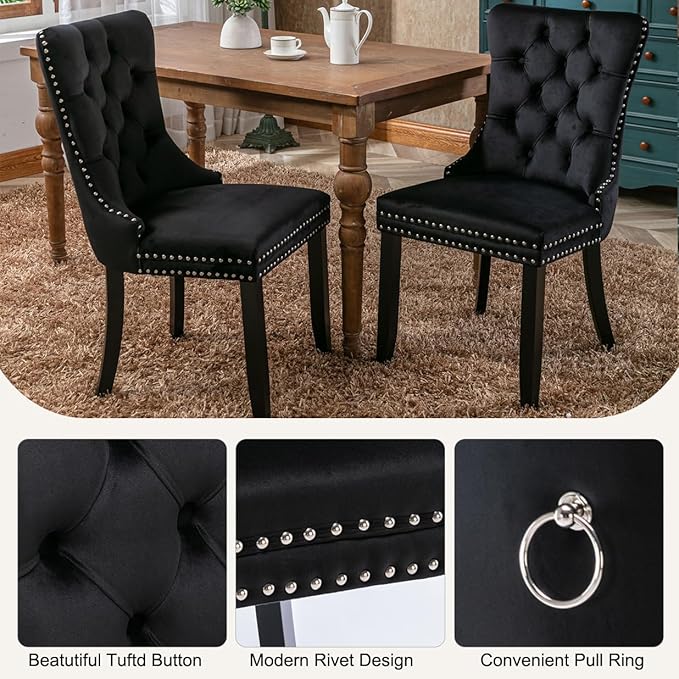 3-Piece Faux Marble Round Dining Table Set for 2, Modern Luxury Kitchen Table Set for 2 with Black Tufted Chairs,Circle Dining Tables with Pandora Grain Top and Black Pedestal Base