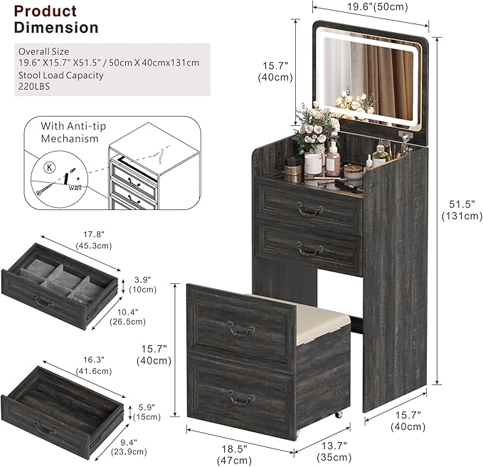 Lvifur 3 in 1 Vanity Desk with Flip Top Mirror and 3 Color Lights,Small Compact Vanity with Charging Station,Glass Top Makeup Vanity with 3 Drawers,Rolling Cushioned Stool
