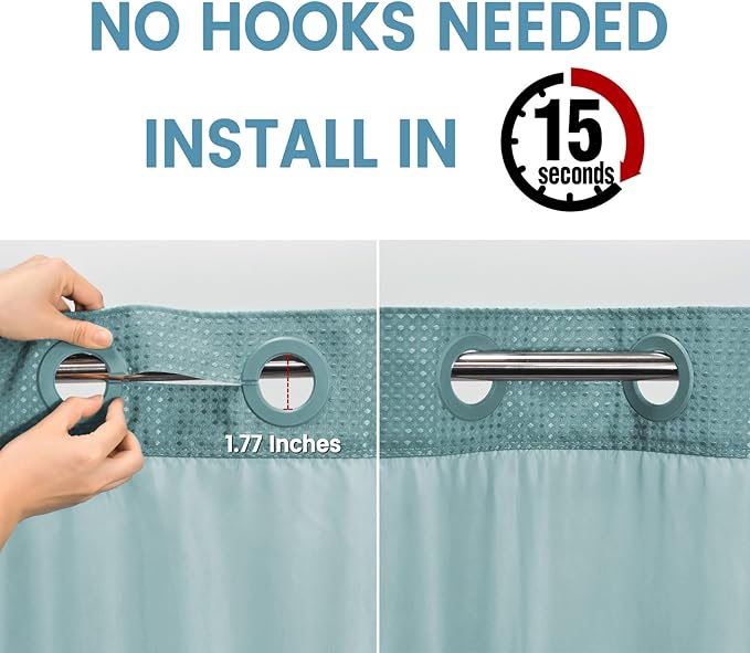 Teal No Hook Shower Curtain with Snap in Liner,230GSM Waffle Weave Shower Curtains for Bathroom,71W x 74H