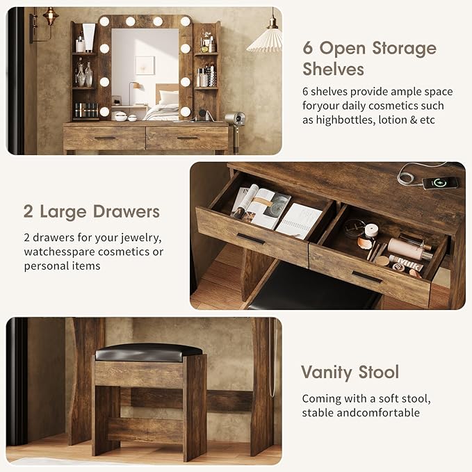 Maupvit Vanity Desk with Mirror and Lights,Makeup Vanity Table Set with Power Outlet,3 Lighting Modes & Adjustable Brightness Dressing Table with 2 Drawers for Bedroom Dressing Room,Rustic Brown