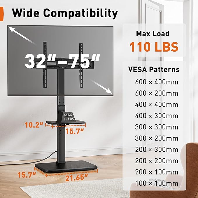 Perlegear Floor TV Stand with Power Outlet, Universal TV Stand for 32-75 inch TVs up to 110 lbs, Height Adjustable Standing TV Mount, Tall TV Mount with Wood Base, Max VESA 600x400mm, PGFS06