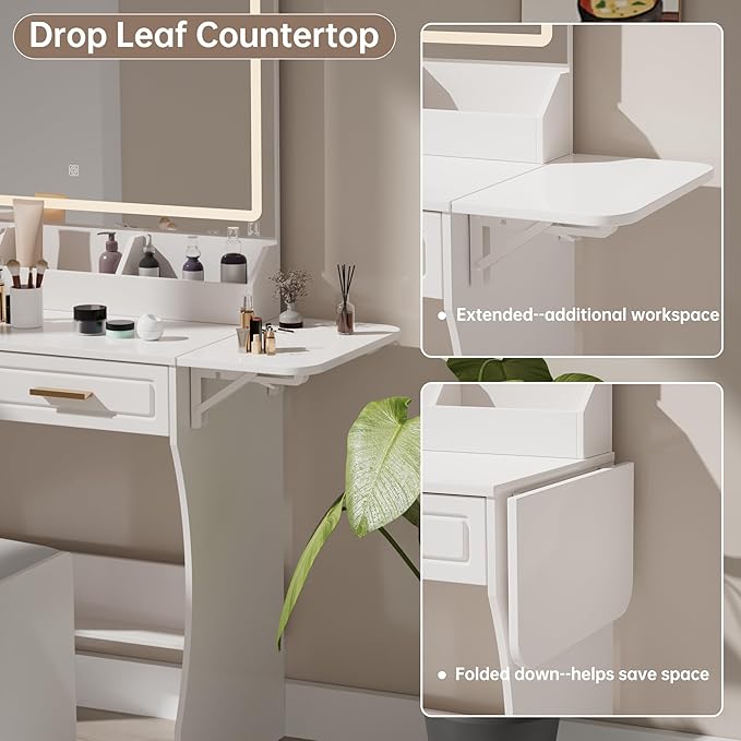 Modern White Makeup Vanity Desk with Adjustable Lights, Mirror, and Storage - Complete Vanity Set with Drawers, Shelves, and Stool