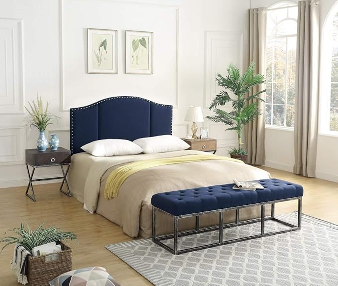 24KF Middle Century Linen Upholstered Tufted Queen Size Headboard with Antique Brass Nails Queen/Full headboard -Navy Blue