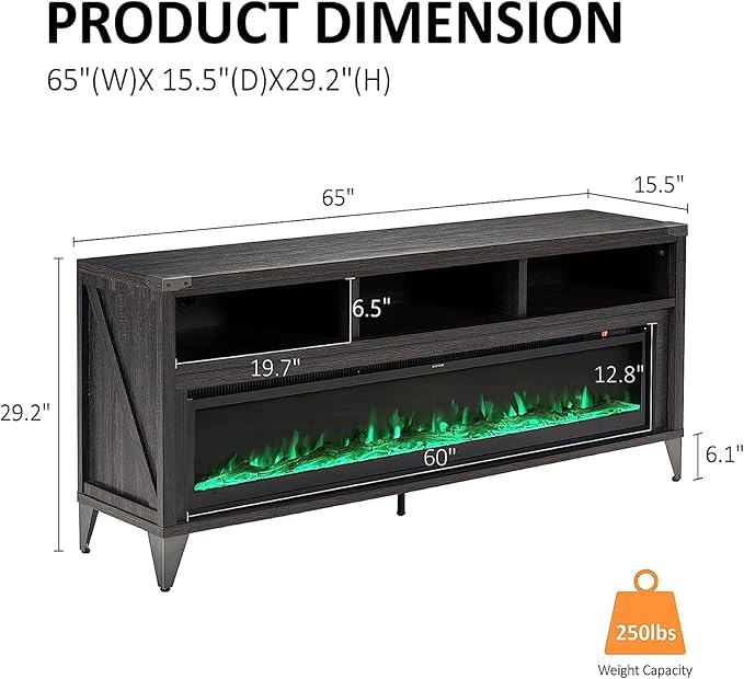 AMERLIFE 65" Fireplace TV Stand with 60" Glass Electric Fireplace, Industrial & Farmhouse Media Entertainment Center with Open Shelve Storage for TVs Up to 75", TV Console for Living Room, Gray
