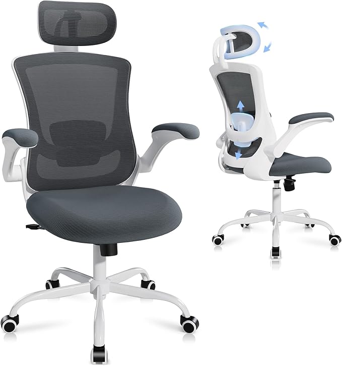 Ergonomic Office Chair with Adjustable Lumbar Support & Headrest, High Back Mesh Desk Chair with Flip-Up Armrests, Breathable & Comfortable Computer Chair for Home, Office & Study –Grey