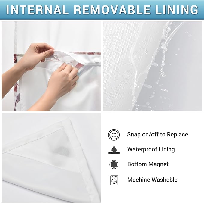 No Hook Shower Curtain with Snap in Liner - Eucalyptus Shower Curtain - Washable Waterproof Inner Liner, Plants Pink Leaves Modern Shower Curtains - Machine Washable, 71 x 74