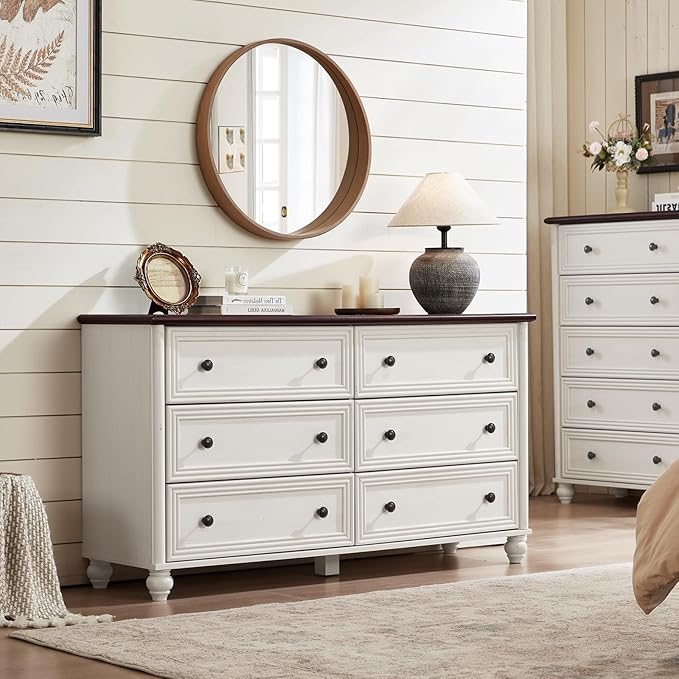 Farmhouse Dressers & Night Stand Set of 3, Wood 54" Wide Dresser & 45"Tall Chest of Drawers, 18" with Charging Station Nightstand, Bedroom Furniture 6 Drawer Dresser Set for Home Living Room Hallway