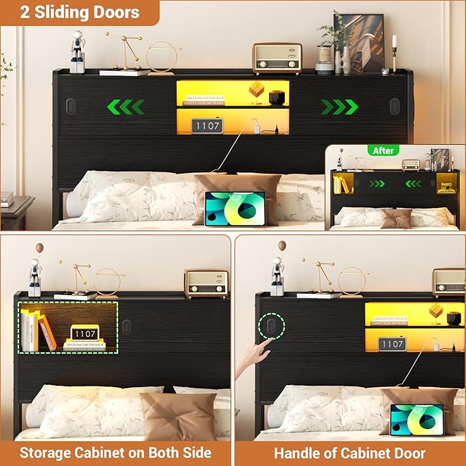 Homieasy Headboard for Queen Size Bed with Storage, Sturdy Bookcase Headboards with Outlet, USB & LED Light, Queen Size Headboard Only, Head Board with Sliding Doors & Bed Adapter for Bedroom, Black