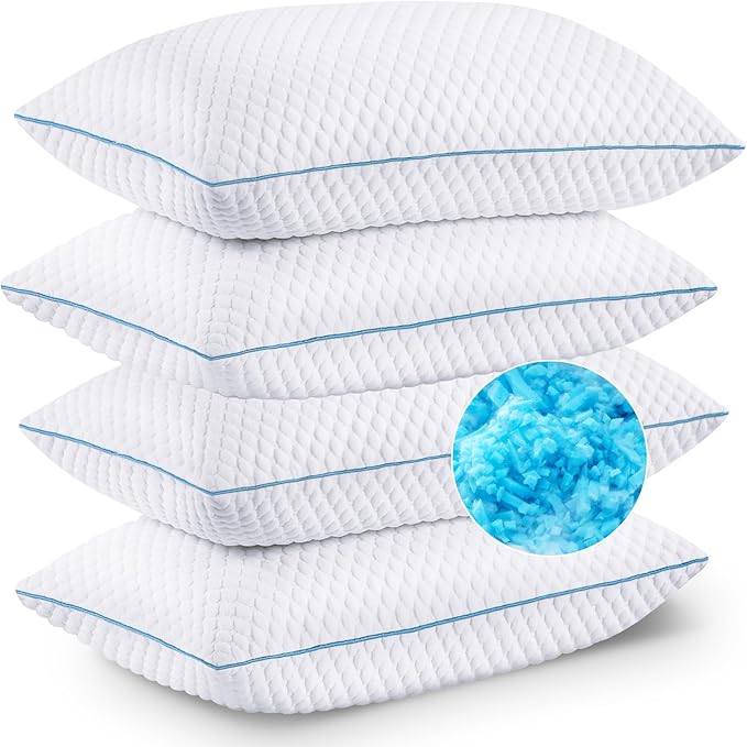 VVZ Cooling Bed Pillows King Size Set of 4, Shredded Memory Foam Pillows for Side Back Stomach Sleepers, Luxury Cool Gel Adjustable Firm Bed Pillows for Sleeping 4 Pack King Size 20 x 36 Inches