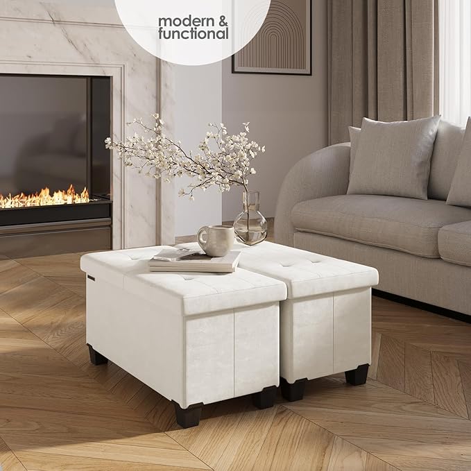 STORAGEBUD Storage Ottoman Bench with Bins, 30-in Storage Bench for Bedroom End of Bed, Folding Foot Rest Ottoman for Living Room Max 660lbs, Velvet Ottomans, Cream