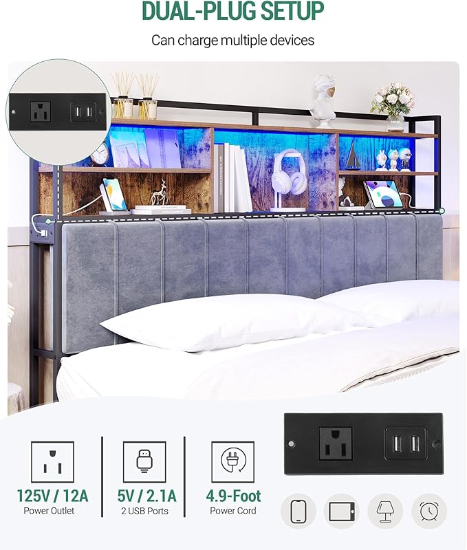 Headboard with 3-Tier Storage Shelves, Velvet Upholstered Head Board with 2 Outlets, USB Ports & LED Light, Soft Backrest for King Size Bed Rustic Brown and Black BH19401B