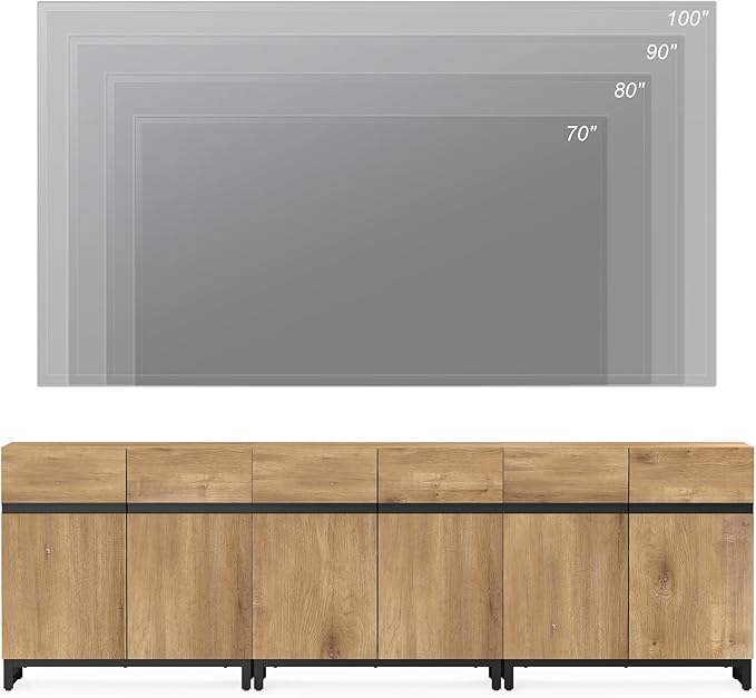 WAMPAT Modern TV Stand for 75-110 Inch TVs, Wooden Entertainment Center Console With Metal Base and Adjustable Shelves for Living Room, Bedroom, 94.5 Inch, Oak