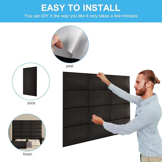 Upholstered Wall Mounted Headboard, 3D Soundproof Wall Panels Peel and Stick Headboard for Queen Size, Tufted, Black (9 Panels, 10" x 24")