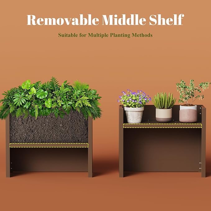 Outdoor Planter Box, Large Rectangular Planter with Removable Drip Tray, Suitable for Indoor or Outdoor Patios/Porches, Ideal for Planting Plants, Flowers, and Gardening (Brown)