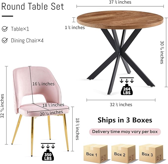 NORDICANA 5-Piece Dining Table Set for 4 - Space Saving 37-Inch Round Table and Chairs, 4 Seaters Dining Set with Upholstered Dining Chairs (Light Pink)