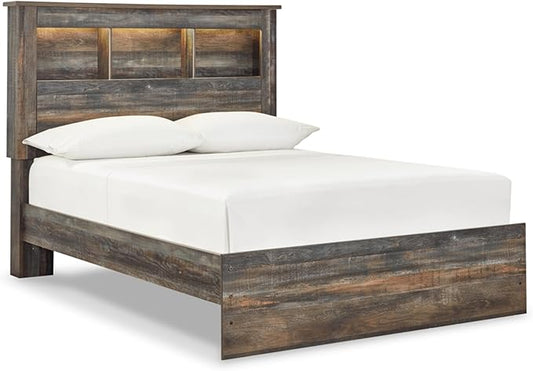 Signature Design by Ashley Drystan Rustic Full Bookcase Bed with Open Cubbies and LED Lights, Foundation or Box Spring Needed, Dark Brown & Gray