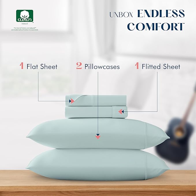 XOOX Linen Full Sheet Sets Cotton - 500 Thread Count 100% Cotton Full Sheets, 4 PC (Sea Foam), Luxury Soft, Breathable, Cooling, Extra Large 16" Deep Pocket Sateen Bedsheet for Dorm Rooms