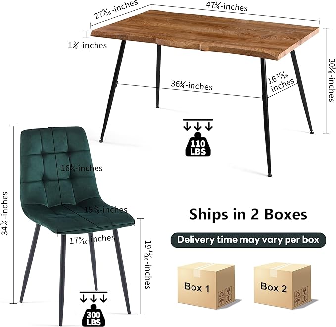 NORDICANA 5-Piece Dining Table Set, 47 in Modern Irregular Rectangle Kitchen Table & 4 Forest Green Velvet Upholstery Side Chairs, Metal Legs, Dining Room Set for 4