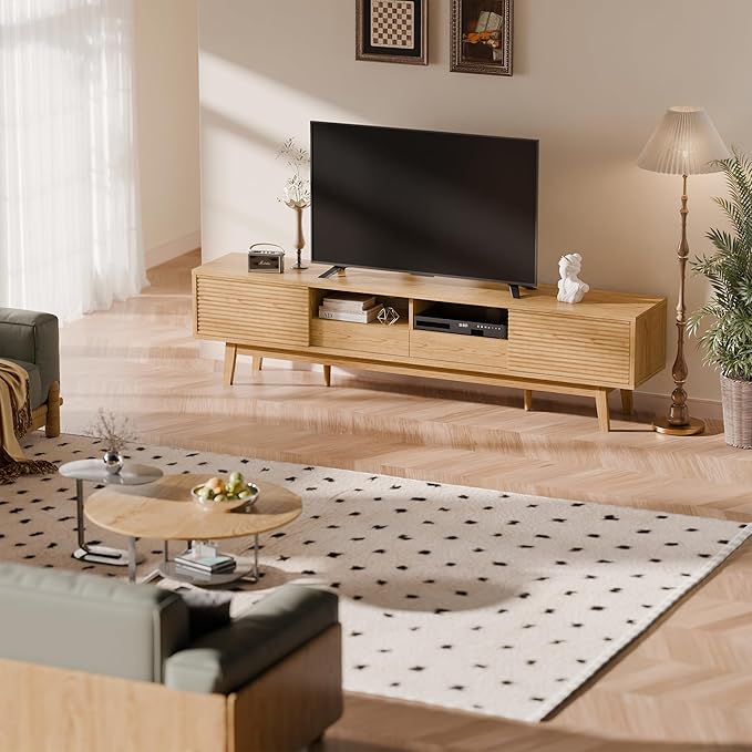 70" TV Console, Mid Century Modern Media Console for 55/65/75 Inch TV, Low Profile TV Stand with Fluted Sliding Doors, Boho Light Wood Credenza for Living Room, Oak