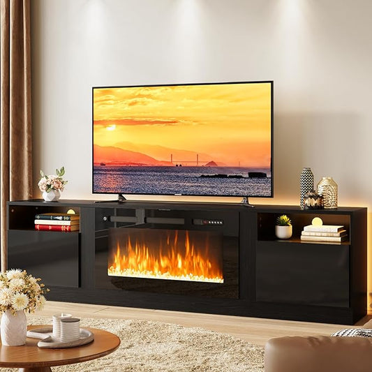oneinmil 80” TV Stand with 36” Electric Fireplace, Large Modern Media Entertainment Center with Storage Cabinet and 12 Colors LED Lights for TVs Up to 90", Black TV Stand and Black Fireplace