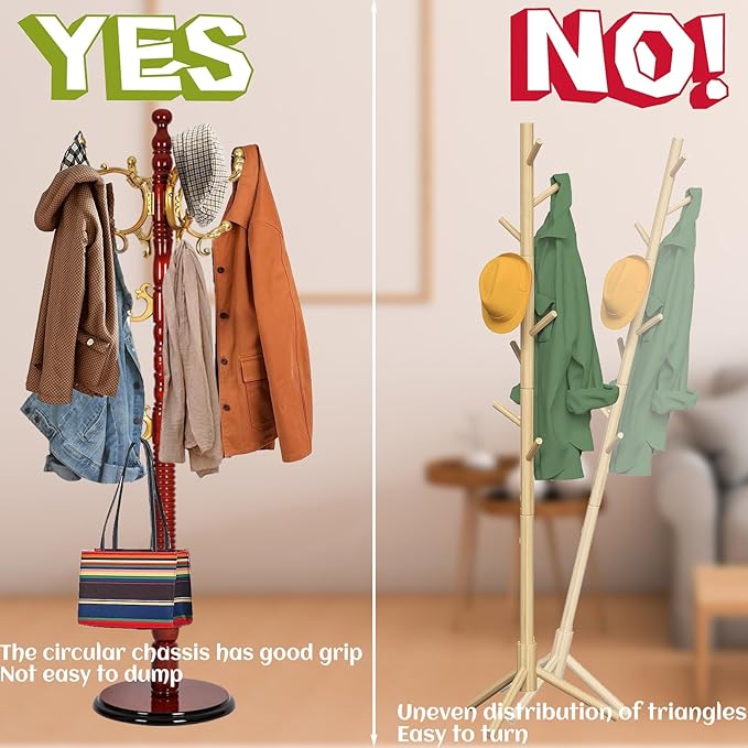 73 in Wood Coat Rack, Coat Rack Freestanding with Stable Round Base, Adjustable Height Tree Coat Racks Stand for Home Bedroom Office Hallway Entryway (Haitang color)