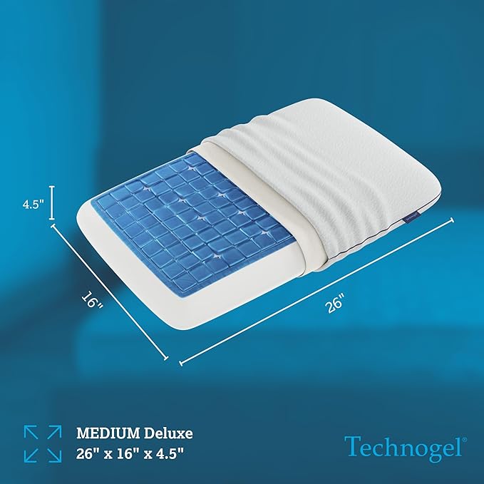 Technogel Deluxe Cooling Gel Pillow - Patented Cooling Technology, Odorless Memory Foam – Breatable Ergonomic Support for Side & Back Sleepers with Washable Cover, 4.5" (Medium)