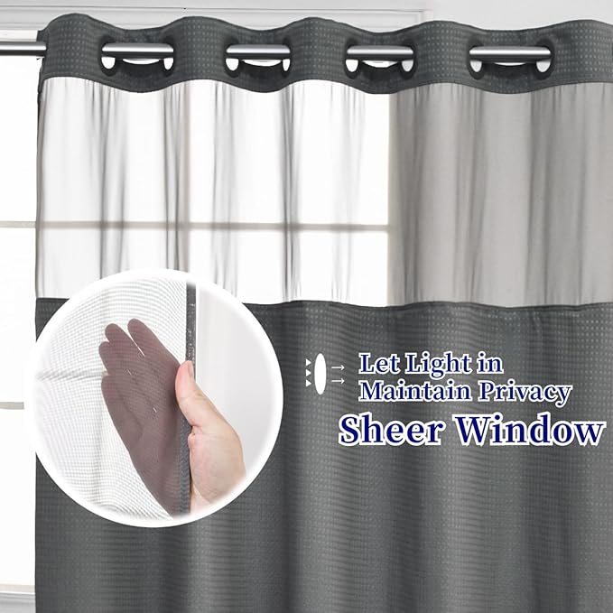 No Hooks Required Waffle Weave Shower Curtain with Snap in Liner-Hotel Grade Waterproof & Mesh Top Window Spa Like Bath Curtain Machine Washable Heavy Duty 71Wx74L(Grey)