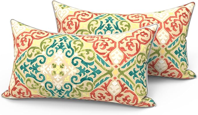 LVTXIII Set of 2 Outdoor Lumbar Pillows for Patio Furniture with White Piping, 12"x20" Fade Resistant Patio Lumbar Pillows with Inserts for Home Coach Sofa Use, Geometric Orange