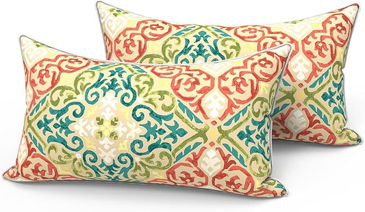 LVTXIII Set of 2 Outdoor Lumbar Pillows for Patio Furniture with White Piping, 12"x20" Fade Resistant Patio Lumbar Pillows with Inserts for Home Coach Sofa Use, Geometric Orange