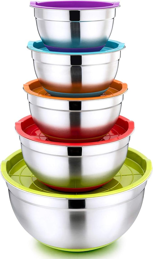 P&P CHEF Mixing Bowls with Lids Set of 5, Stainless Steel Nesting Salad Bowl with Lid & Base for Non-slip Mixing Prepping Storing Serving, 5 Sizes-7/3.5/2.5/1.5/1 QT, Multicolor