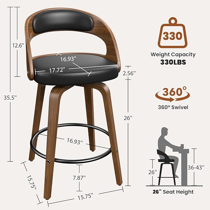 Swivel Bar Stools Set of 6, 26" Counter Height Bentwood Barstool, Mid-Century Modern PU Leather Upholstered Bar Chair with Back and Footrest, for Kitchen Island, Bar, Cafe, Dining Room, Black
