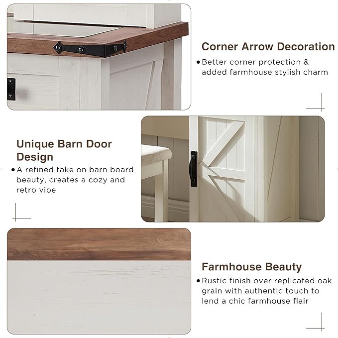 T4TREAM Farmhouse Makeup Vanity Desk with Sliding Mirror and Lights, 42'' Glass Tabletop Vanity Table with 2 Drawers & Shelves, Rustic Big Vanity Set for Bedroom, Antique White